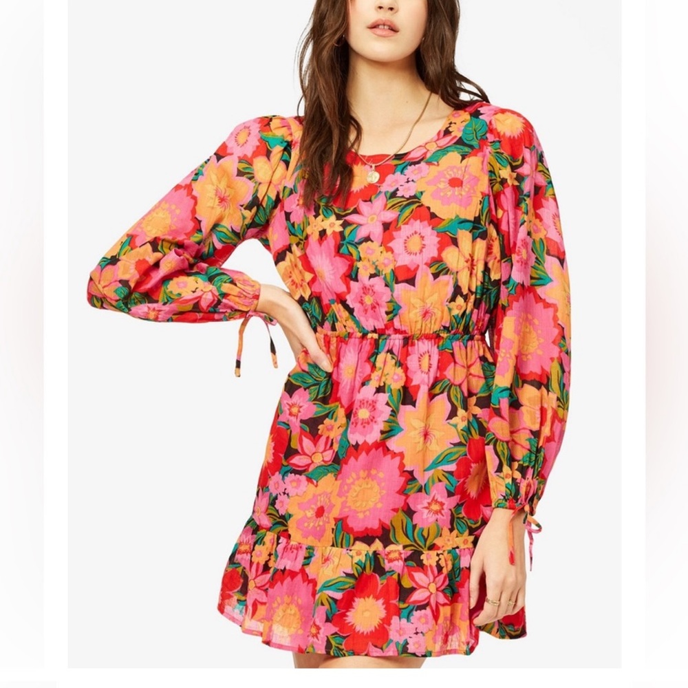 Billabong NWT Heaven sent floral long sleeve mini dress black pink orange